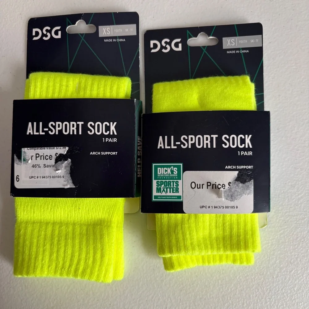 DSG All-Sport Socks Youth XS Neon Yellow Volt Arch‎ Support 2 Pairs NWT